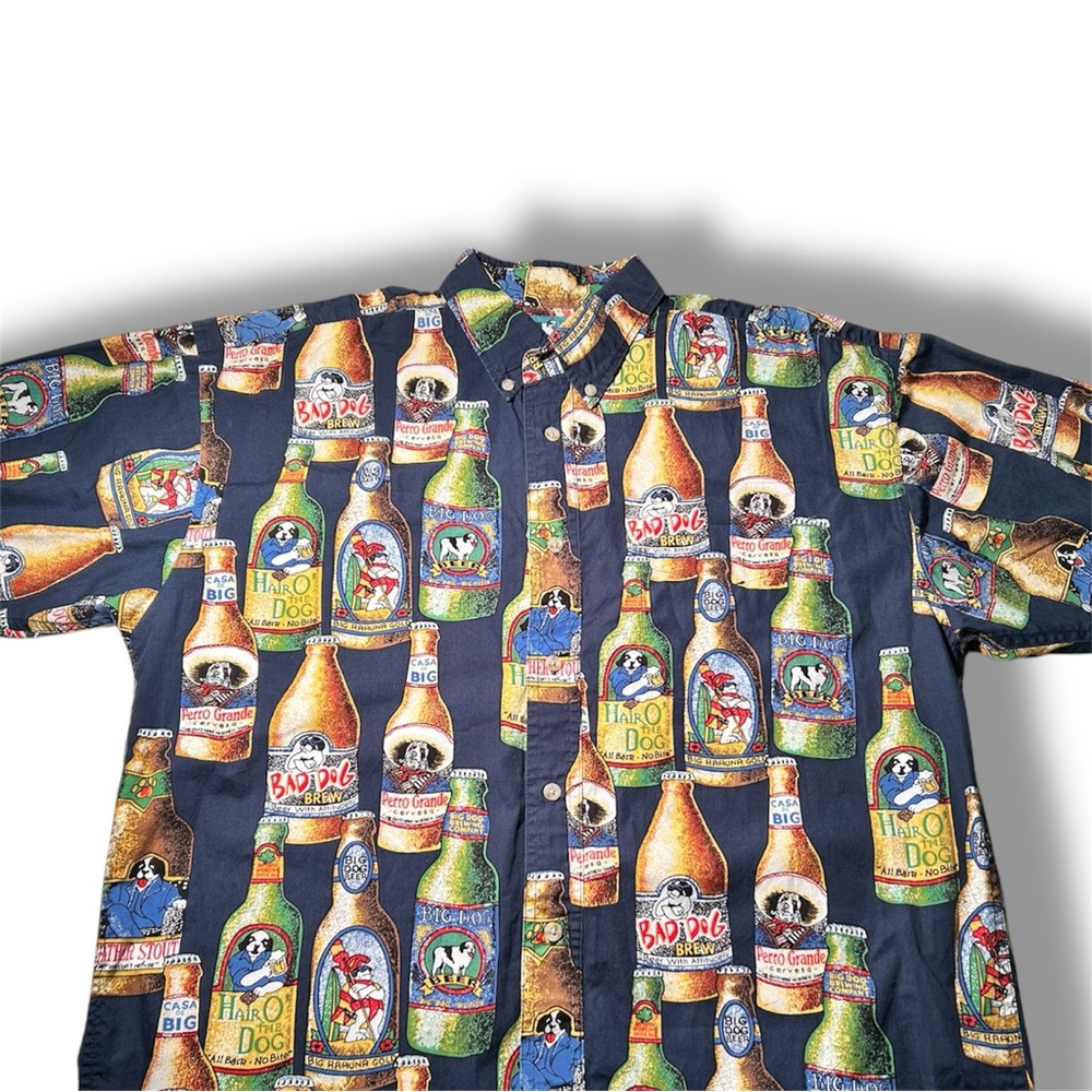 Vintage Big Dogs Beer Bottle AOP Shirt‎ Mens S/M Cotton Hawaiian Camp